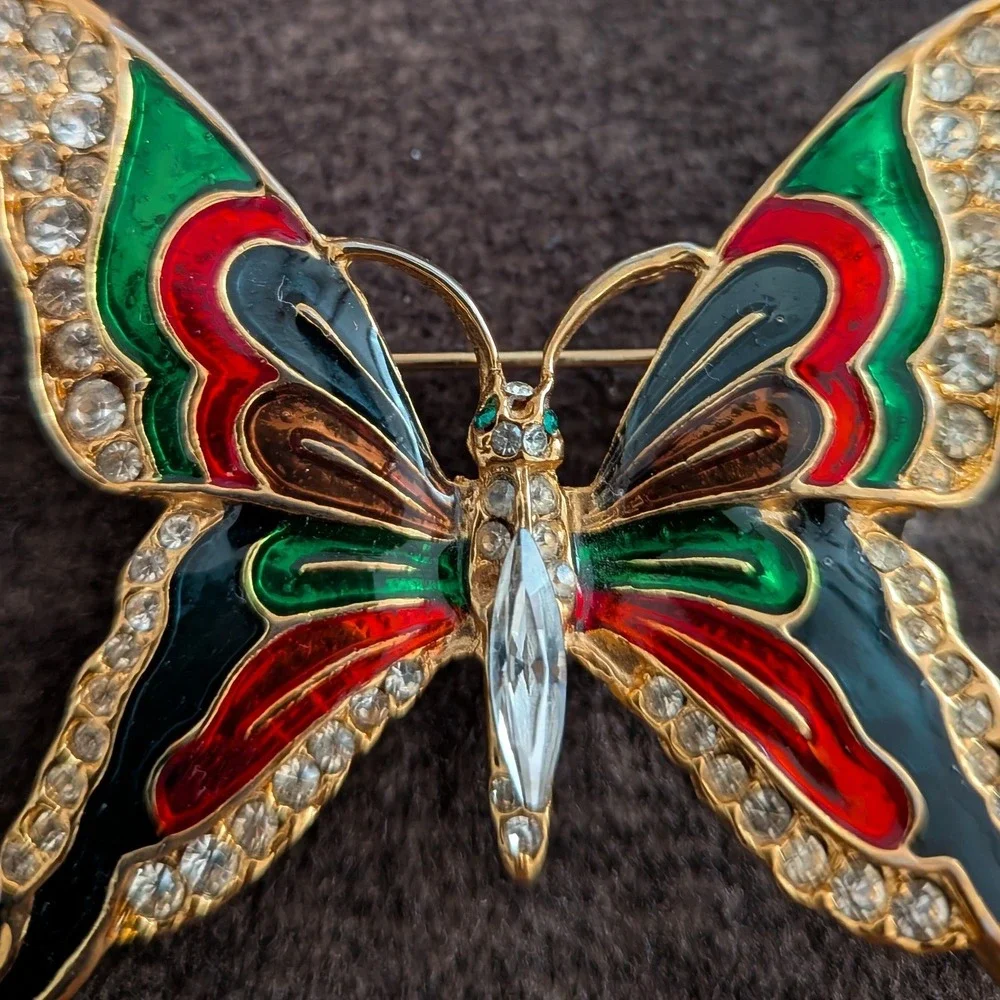 Gold Tone‎ Enamel Butterfly Brooch Red Green Black Rhinestone Crystal Wing Pin